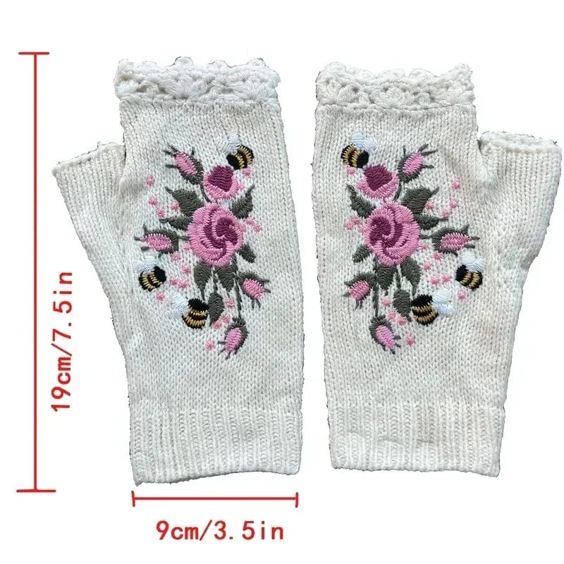 Floral Embroidery Fingerless Gloves