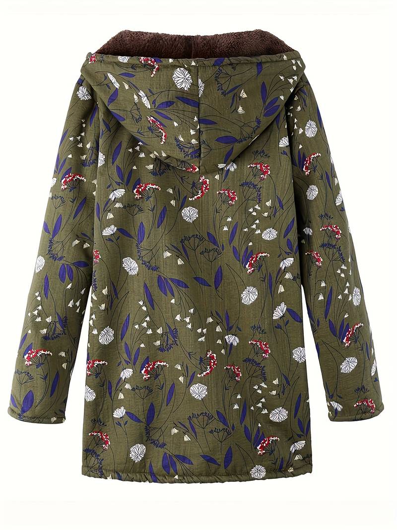 Floral Print Plush Hooded Coat