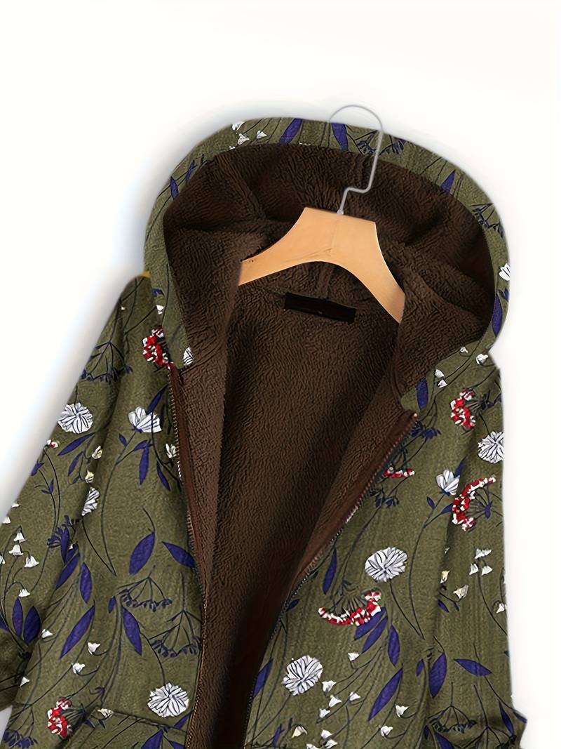 Floral Print Plush Hooded Coat