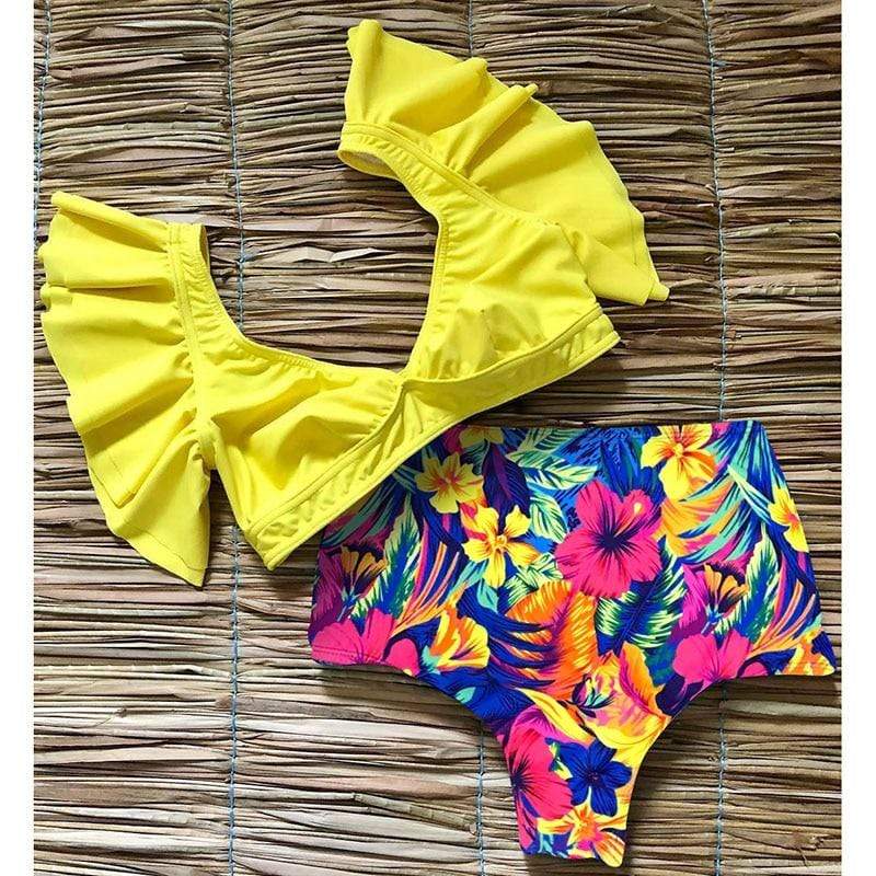 Ruffle Embellished High Waist Bikini Set