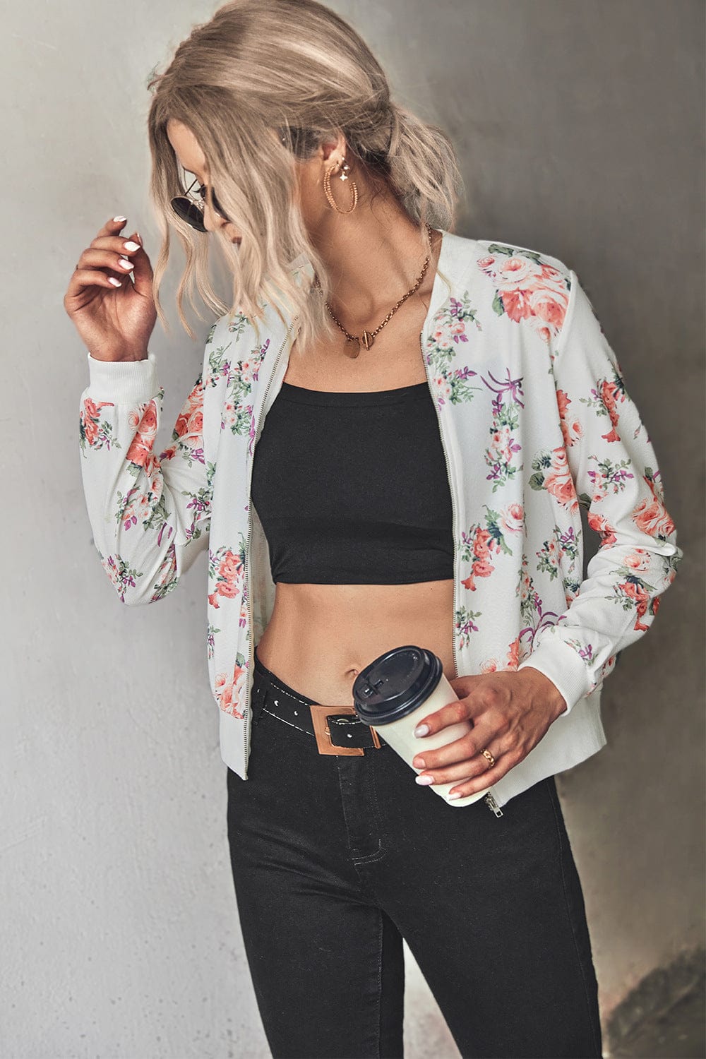 Floral Zip Up Ribbed Trim Bomber Jacket