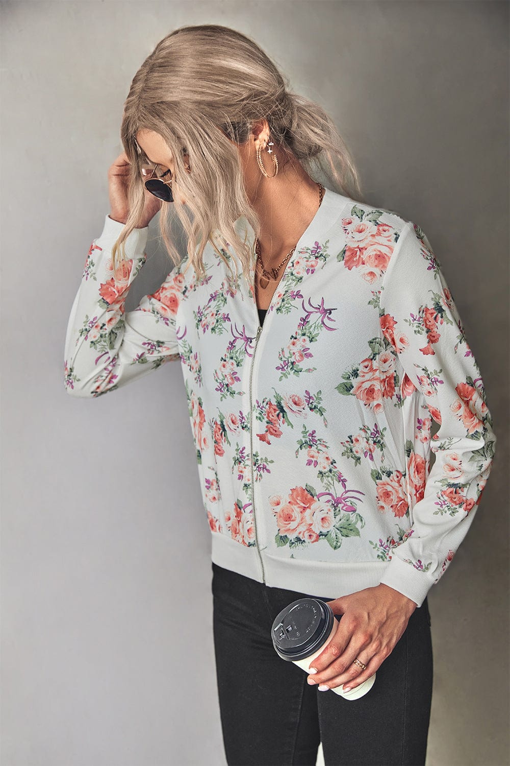 Floral Zip Up Ribbed Trim Bomber Jacket