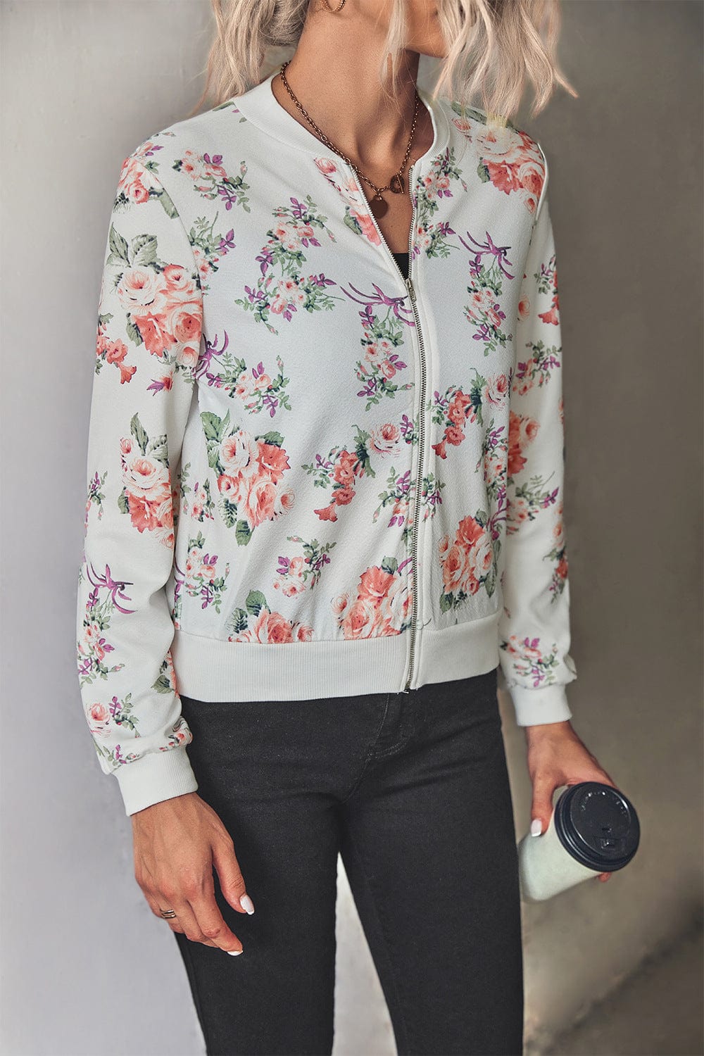 Floral Zip Up Ribbed Trim Bomber Jacket