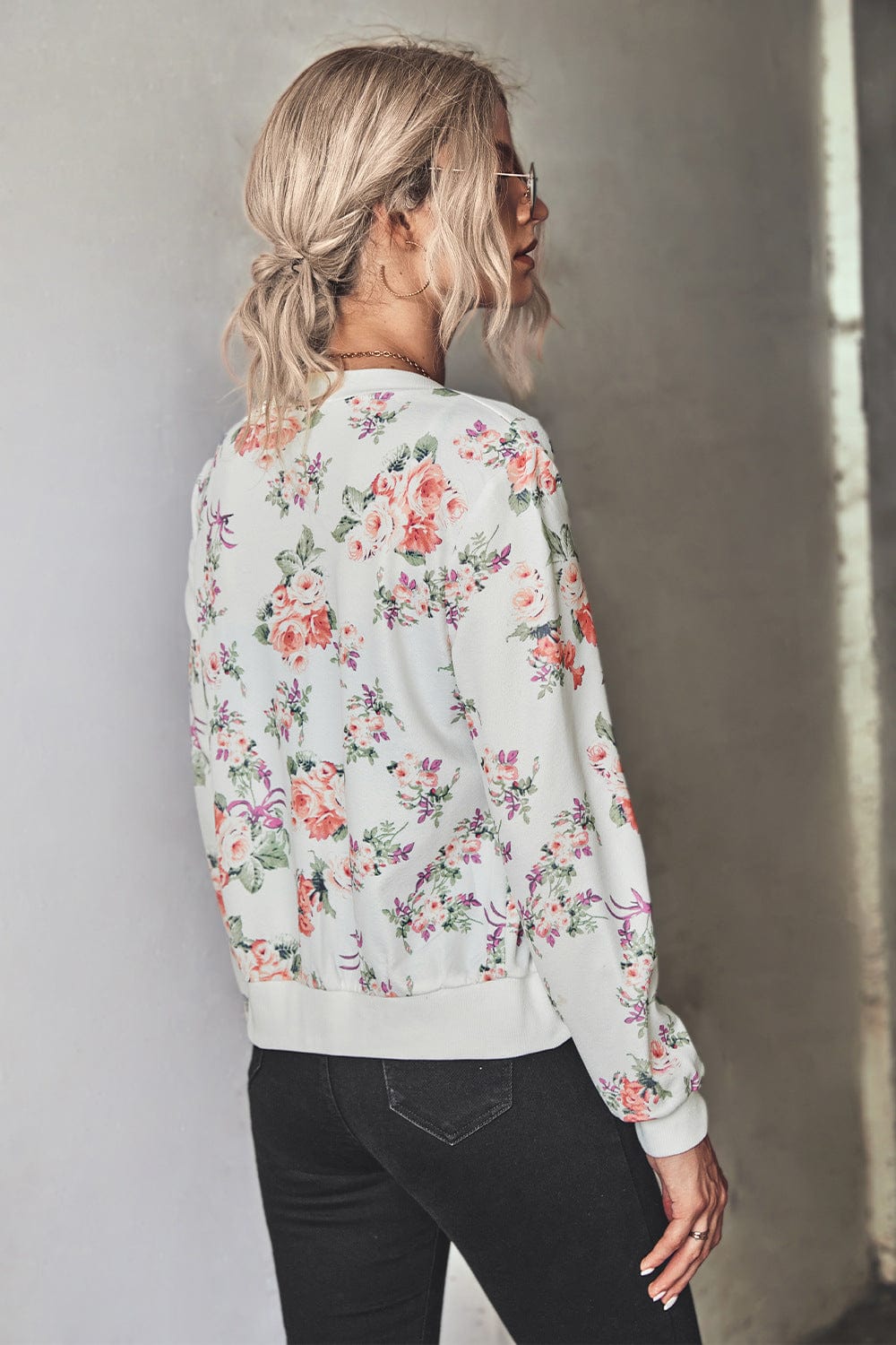 Floral Zip Up Ribbed Trim Bomber Jacket