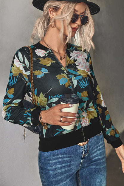 Floral Zip Up Ribbed Trim Bomber Jacket