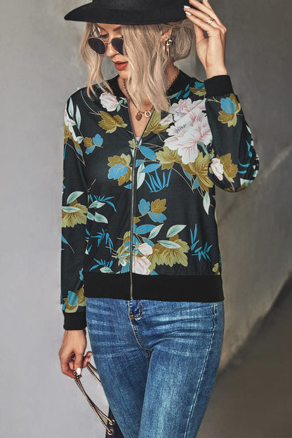 Floral Zip Up Ribbed Trim Bomber Jacket