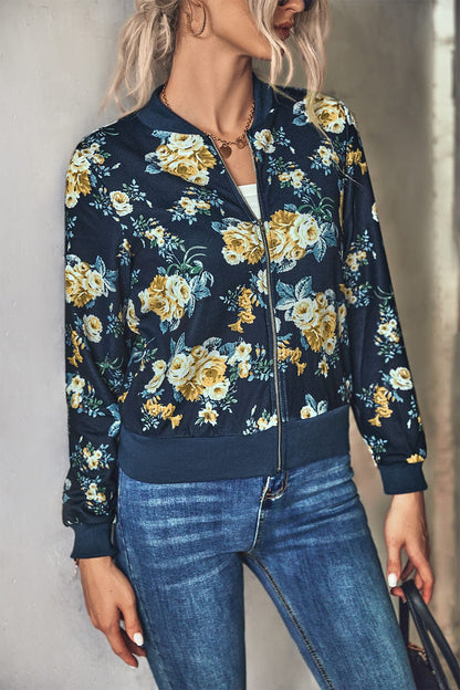 Floral Zip Up Ribbed Trim Bomber Jacket