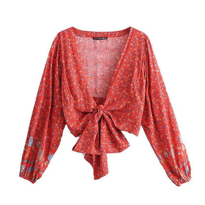 Freya Retro V Neck Bell Sleeve Blouse in Red