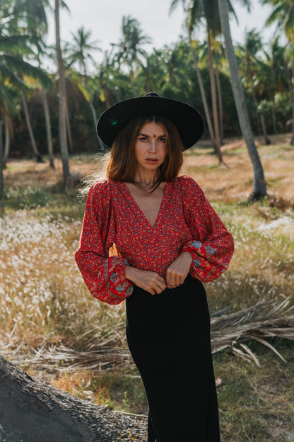 Freya Retro V Neck Bell Sleeve Blouse in Red