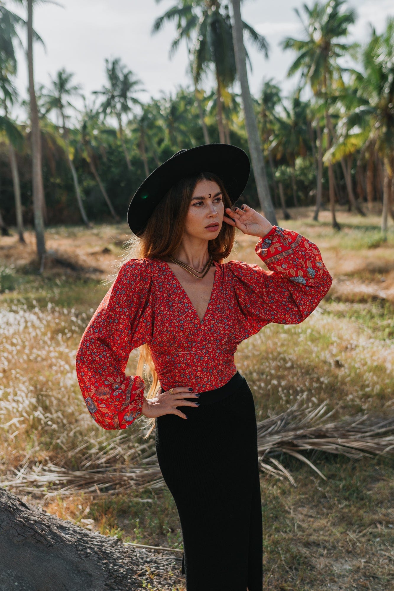 Freya Retro V Neck Bell Sleeve Blouse in Red