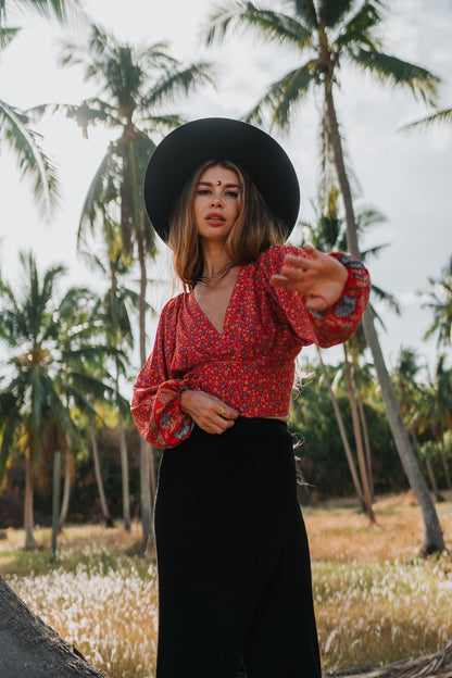 Freya Retro V Neck Bell Sleeve Blouse in Red