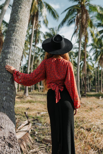 Freya Retro V Neck Bell Sleeve Blouse in Red