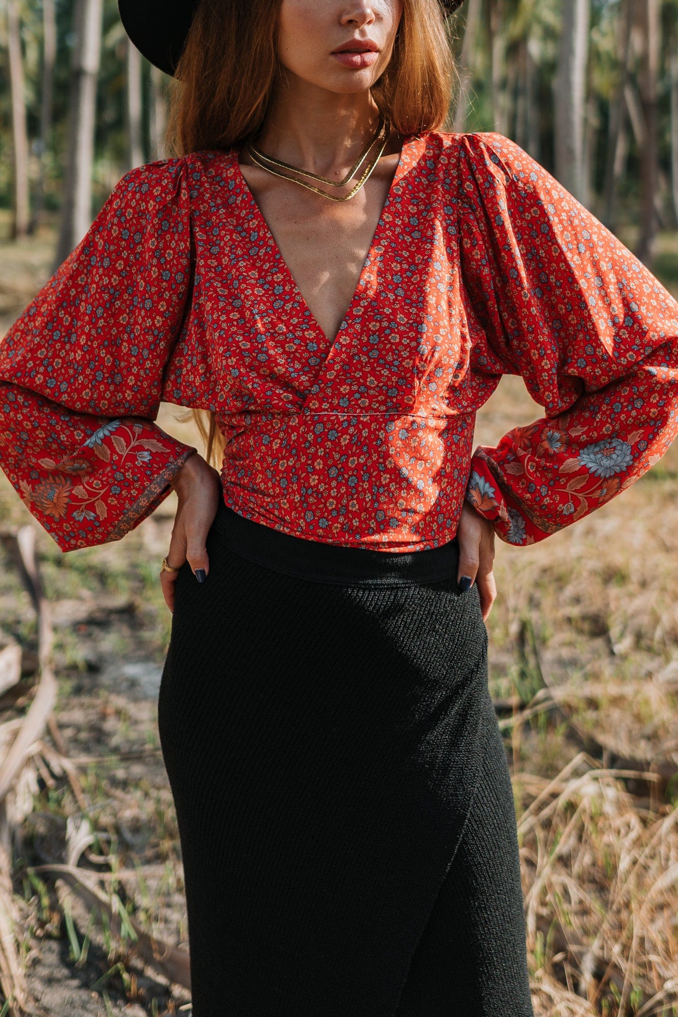 Freya Retro V Neck Bell Sleeve Blouse in Red