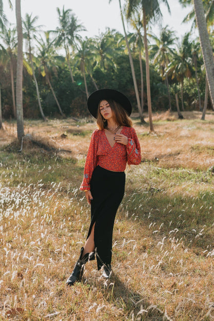 Freya Retro V Neck Bell Sleeve Blouse in Red