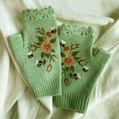 Floral Embroidery Fingerless Gloves