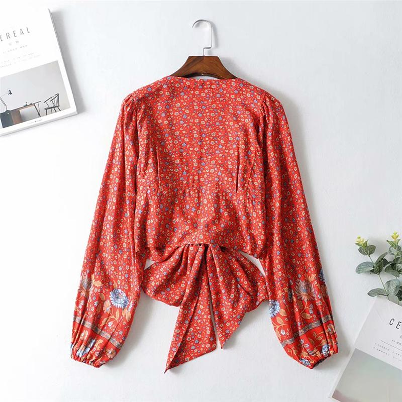 Freya Retro V Neck Bell Sleeve Blouse in Red