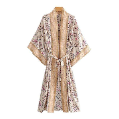 Leona Floral Maxi Kimono In Beige