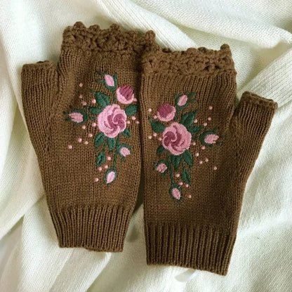 Floral Embroidery Fingerless Gloves