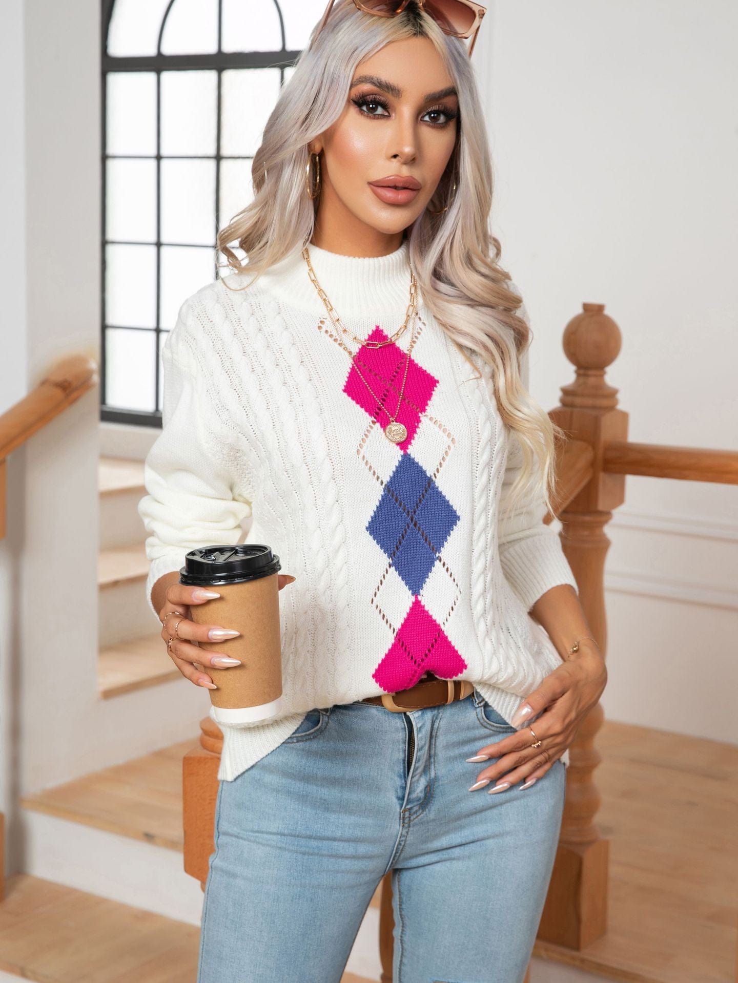 Peony Diamond Pattern Sweater