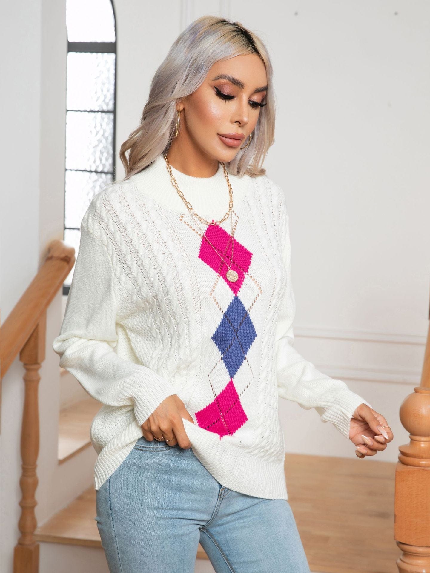 Peony Diamond Pattern Sweater