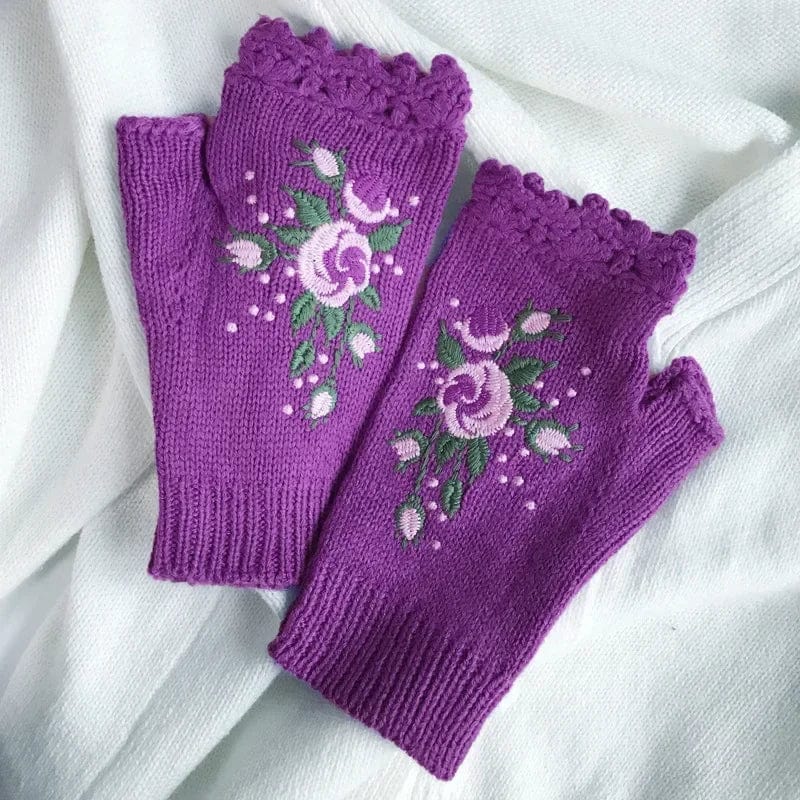 Floral Embroidery Fingerless Gloves