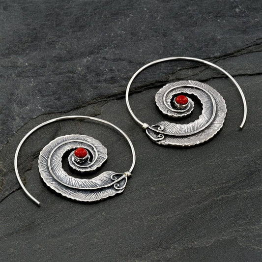 Spiral Feather Hoop Earrings - Red Coral/ Turquoise Stone