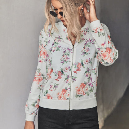 Floral Zip Up Ribbed Trim Bomber Jacket