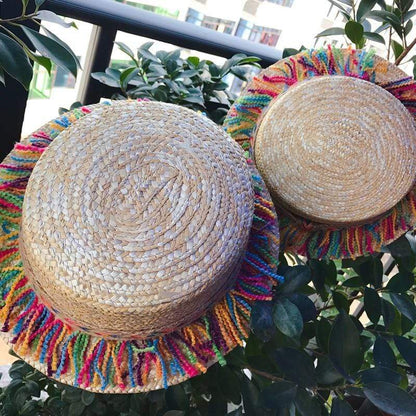 Straw Hat With Rainbow Colored Tassels