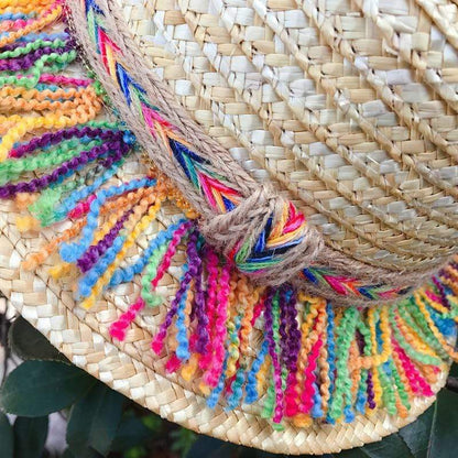 Straw Hat With Rainbow Colored Tassels