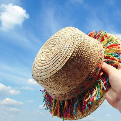 Straw Hat With Rainbow Colored Tassels