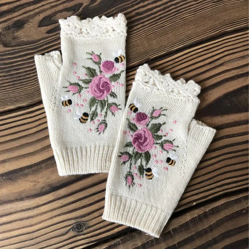 Floral Embroidery Fingerless Gloves