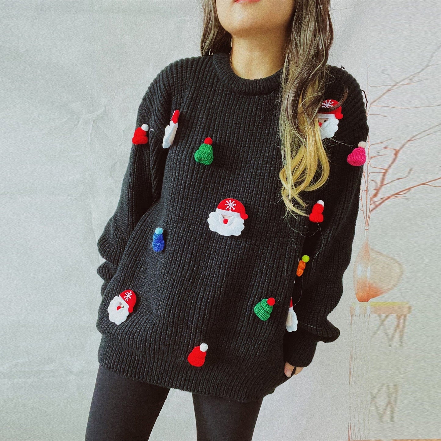 Embroidered Santa Pullover Sweater