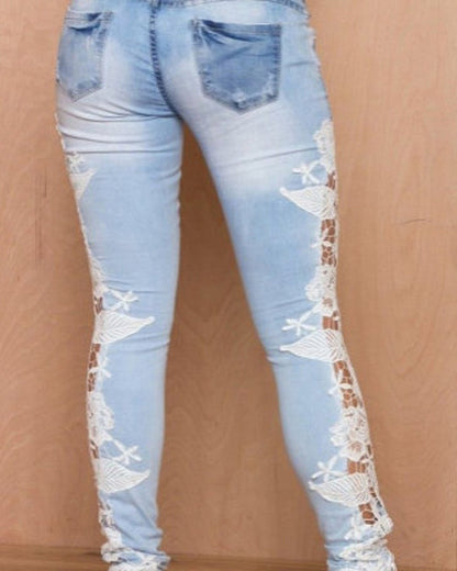 Women's Lace Trim Floral Jeans