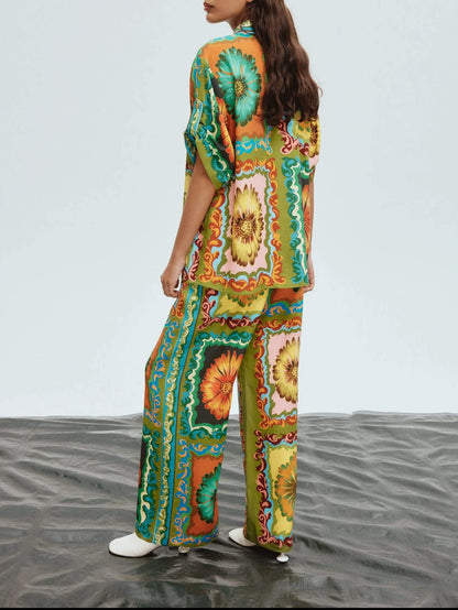 Unique Sunflower Print Wide Leg Pants-Set