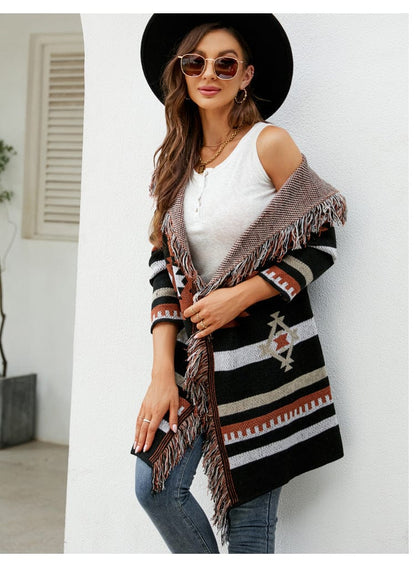 Itzel Aztec Open Front Fringe Cardigan