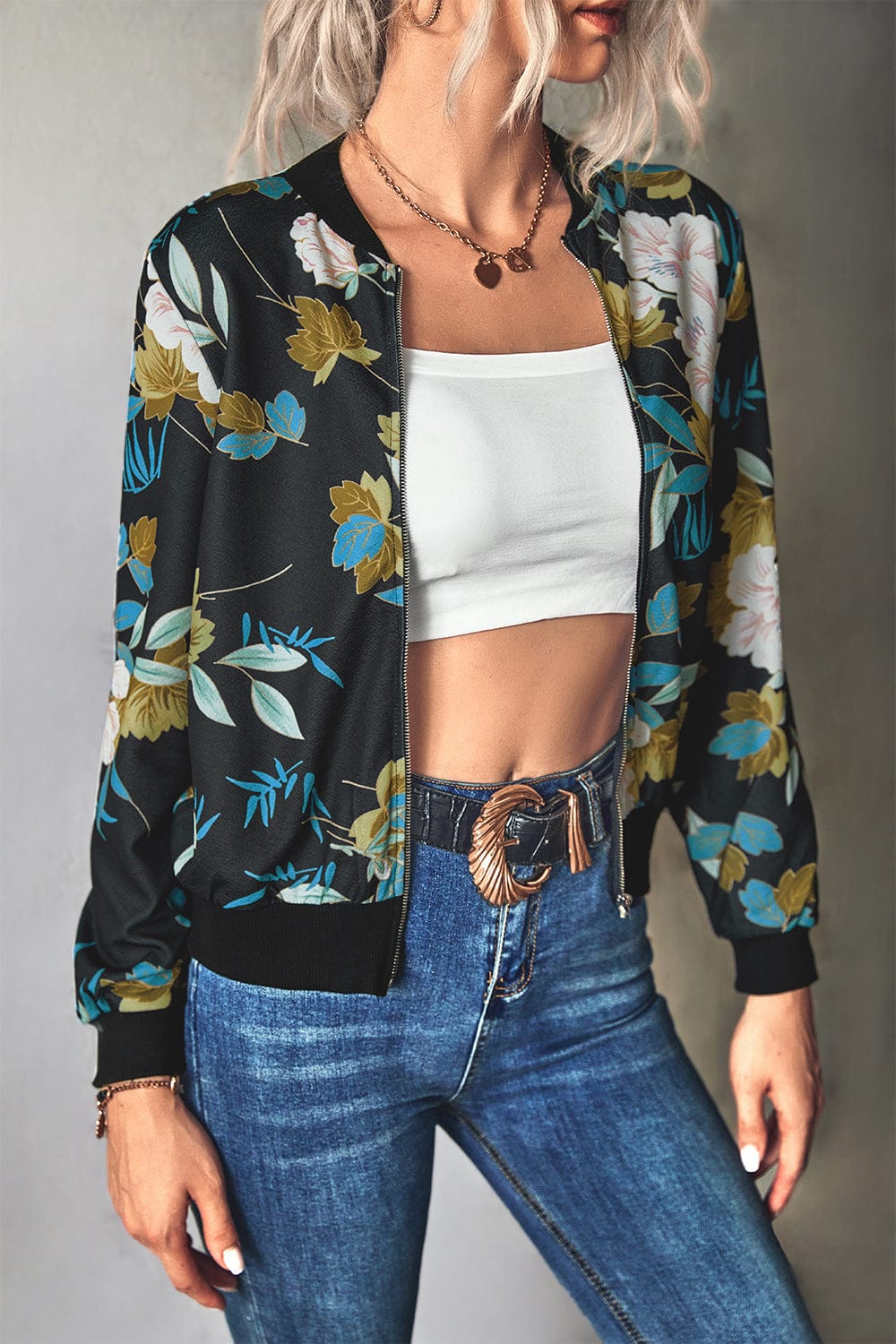 Floral Zip Up Ribbed Trim Bomber Jacket