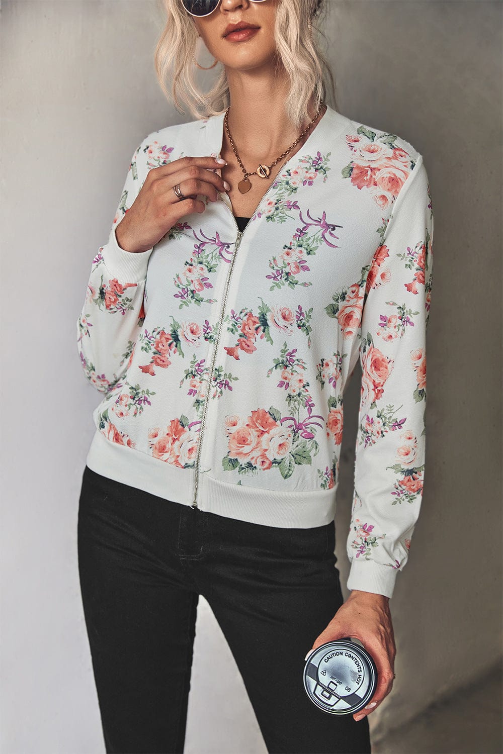 Floral Zip Up Ribbed Trim Bomber Jacket