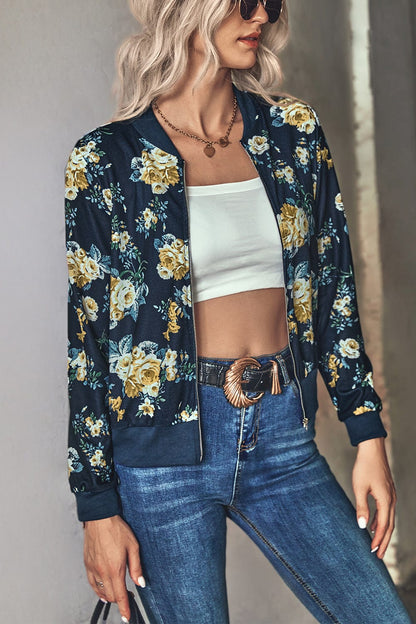 Floral Zip Up Ribbed Trim Bomber Jacket